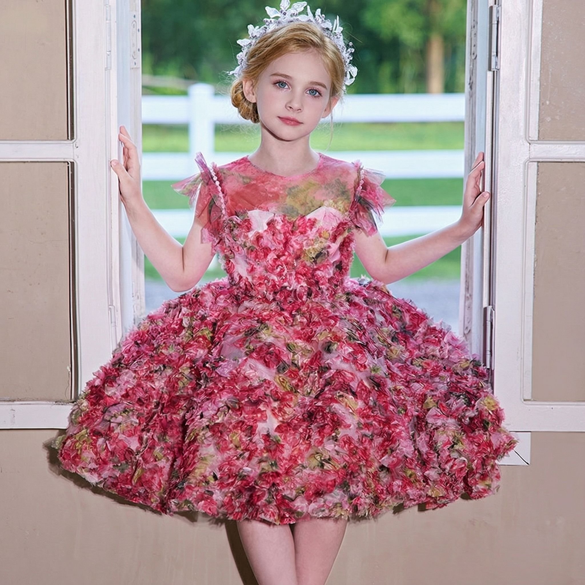 Mesh Rosette Short Sleeve Midi Dresses - Rose - 12-13Y - image 1