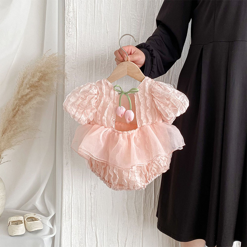 Chiffon Rosette Short Sleeve Regular Dresses - Pink - 2-3Y - image 3