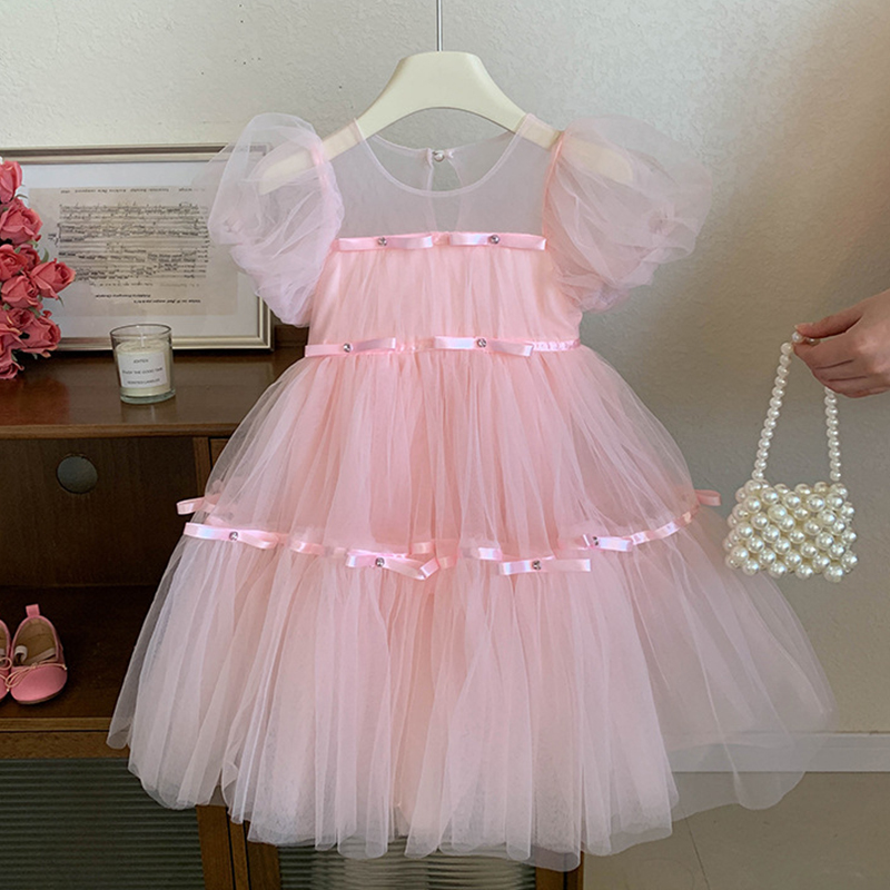 Mesh Bow Folds Short Sleeve Midi Dresses - image 2