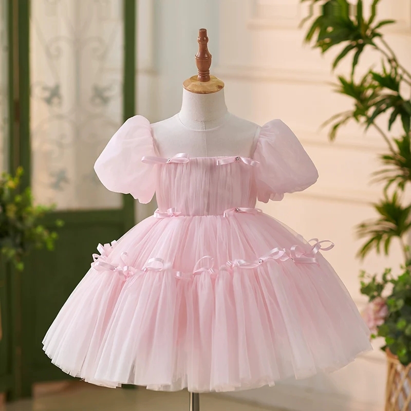 Mesh Bow Folds Short Sleeve Midi Dresses - Pink - 10-11Y - image 1