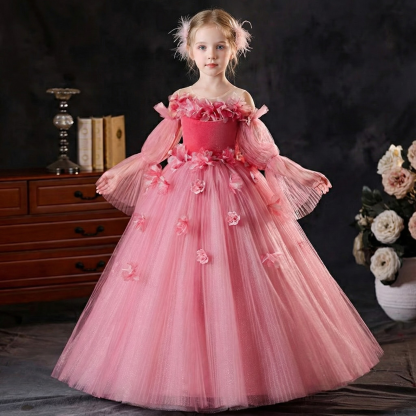 Mesh Rosette Sleeveless Maxi Dresses - Pink - 12-13Y - image 1