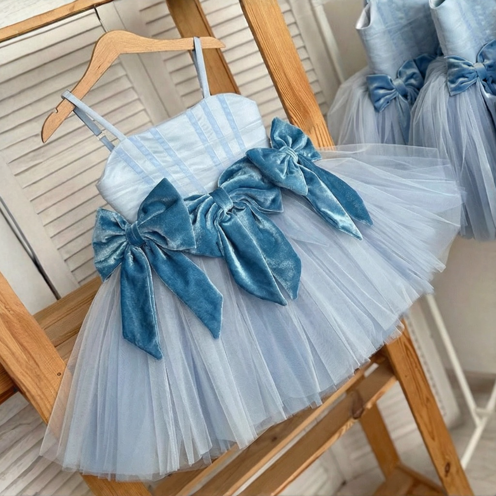 Mesh Bow Sleeveless Midi Dresses - Light Blue - 11-13Y - image 1