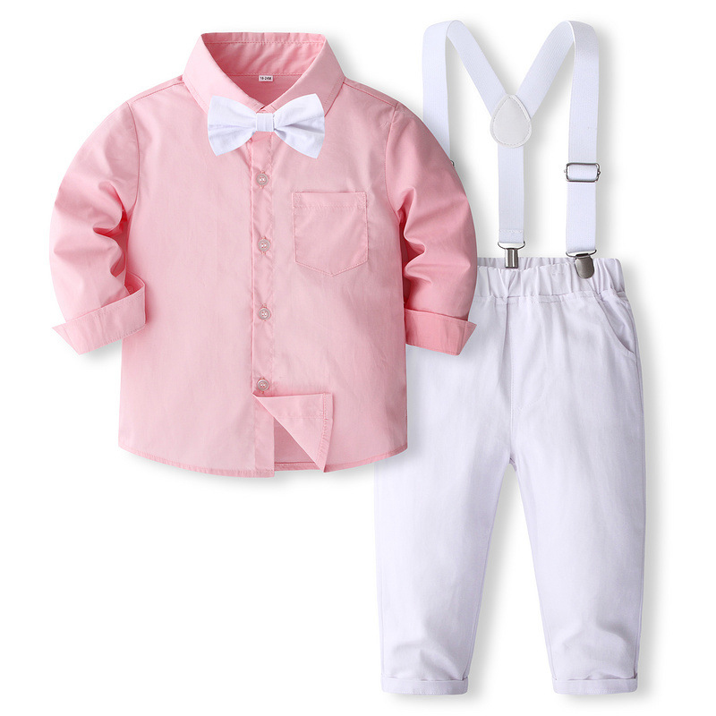 Cotton Bow Overalls Removable Long Sleeve Regular Two-piece Set - Pink - 7Y - image 1