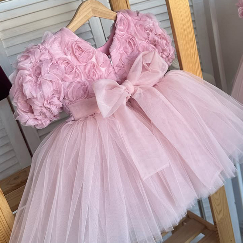 Mesh Rosette Short Sleeve Midi Dresses - Pink - 15-16Y - image 1