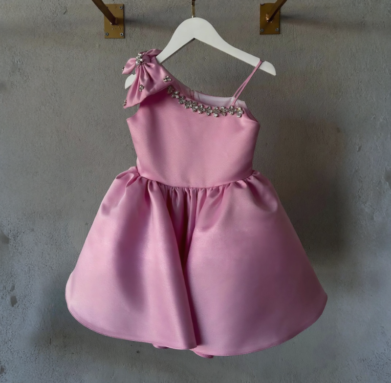 Satin Bow Short Sleeve Midi Dresses - Pink - 11-13Y - image 1