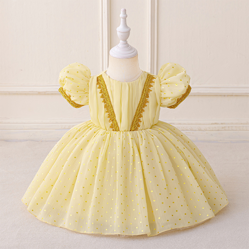 Voile Stitching Lace Ruched Stamped Bronzing Short Sleeve Regular Dresses - Yellow - 2-3Y - image 1