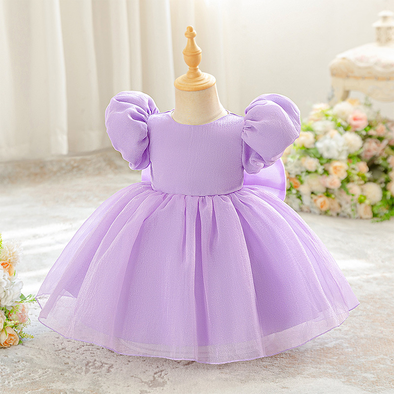 Organza Cotton-Blend Bow Ruched Short Sleeve Regular Dresses - Purple - 2-3Y - image 11