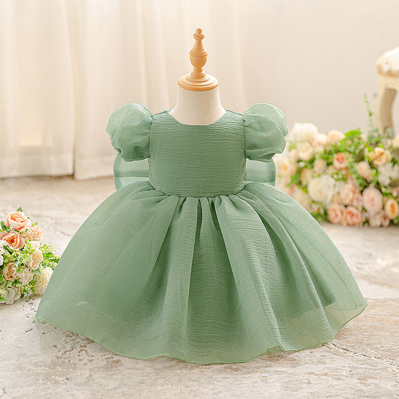 Organza Cotton-Blend Bow Ruched Short Sleeve Regular Dresses - Green - 2-3Y - image 18