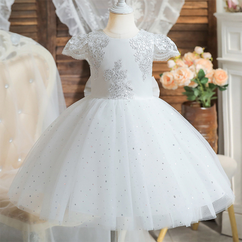 Mesh Lace Bow Lace Sequins Short Sleeve Midi Dresses - White - 10-11Y - image 1