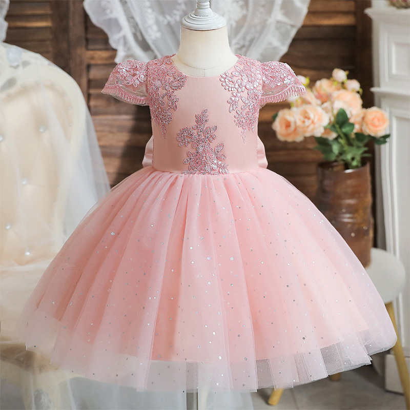 Mesh Lace Bow Lace Sequins Short Sleeve Midi Dresses - Pink - 10-11Y - image 6