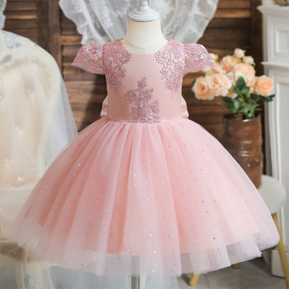 Mesh Lace Bow Lace Sequins Short Sleeve Midi Dresses - Pink - 10-11Y - image 6
