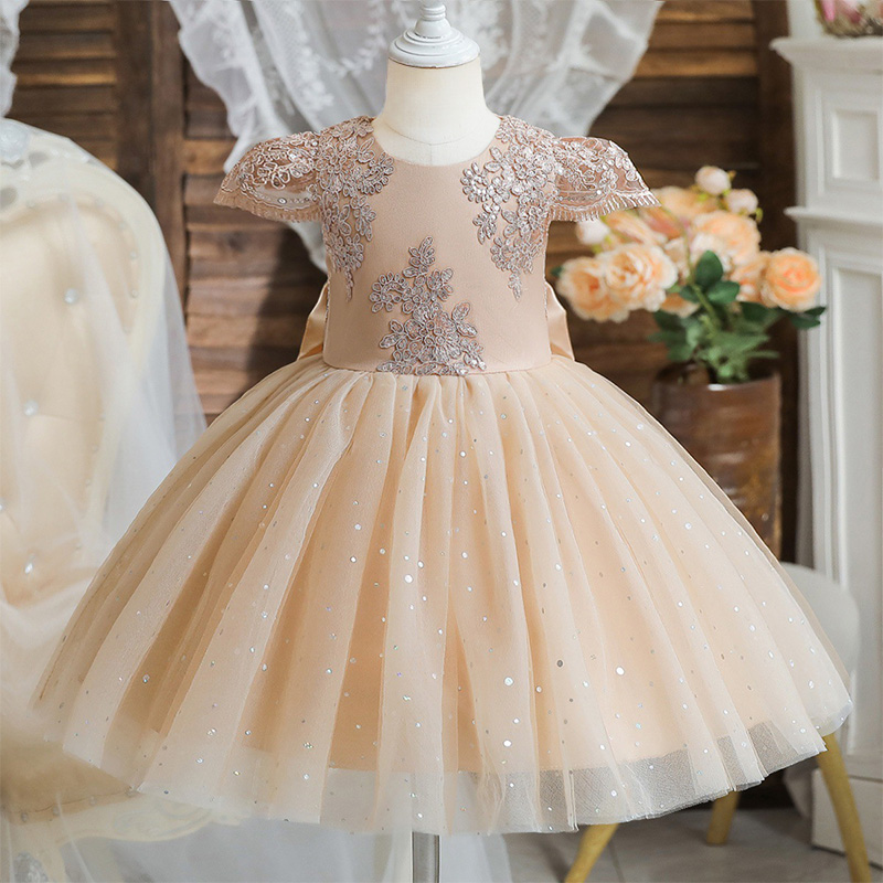 Mesh Lace Bow Lace Sequins Short Sleeve Midi Dresses - Yellow - 10-11Y - image 12