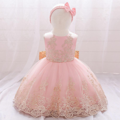 Mesh Lace Glitter Bow Lace Sequins Sleeveless Midi Dresses - Pink - 5-6Y - image 1