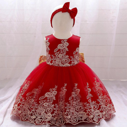 Mesh Lace Glitter Bow Lace Sequins Sleeveless Midi Dresses - Red - 5-6Y - image 32