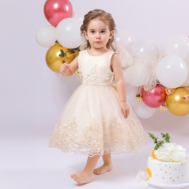 Mesh Lace Glitter Bow Lace Sequins Sleeveless Midi Dresses - Champagne - 5-6Y - image 8