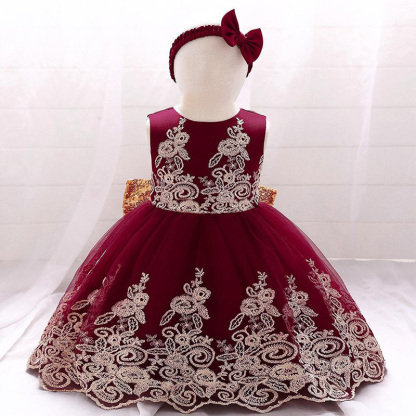 Mesh Lace Glitter Bow Lace Sequins Sleeveless Midi Dresses - Wine - 5-6Y - image 48