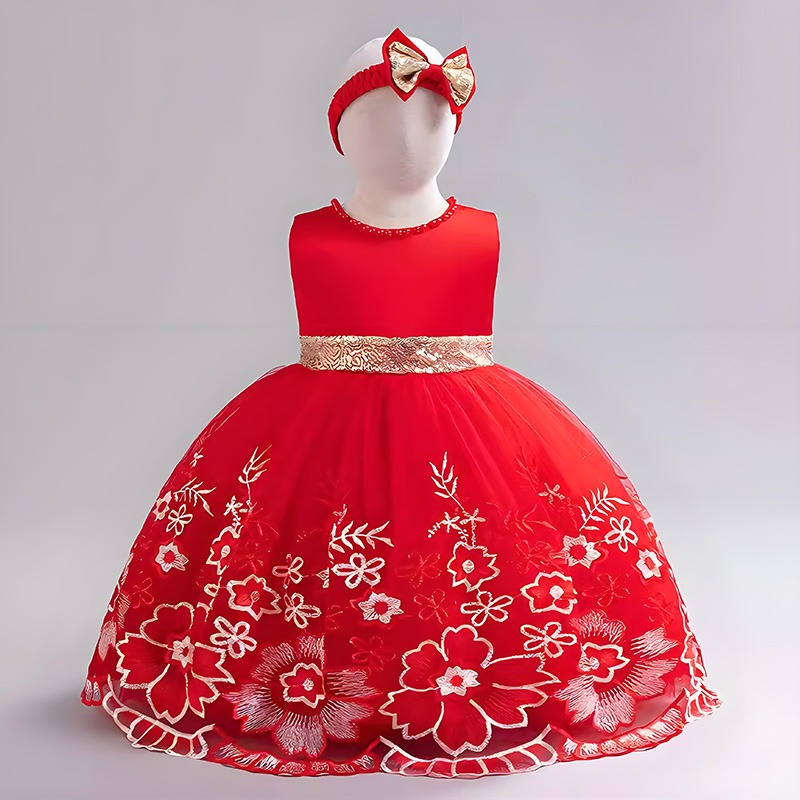 Mesh Satin Bow Lace Sequins Imitation Pearls Sleeveless Midi Dresses - Red - 3-4Y - image 5