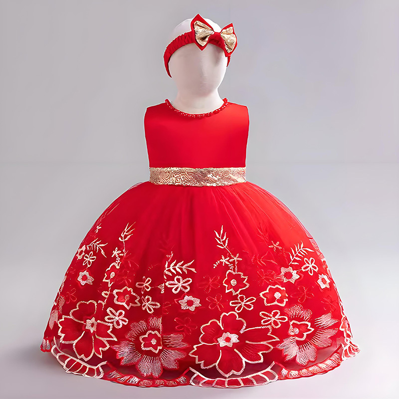 Mesh Satin Bow Lace Sequins Imitation Pearls Sleeveless Midi Dresses - Red - 3-4Y - image 5