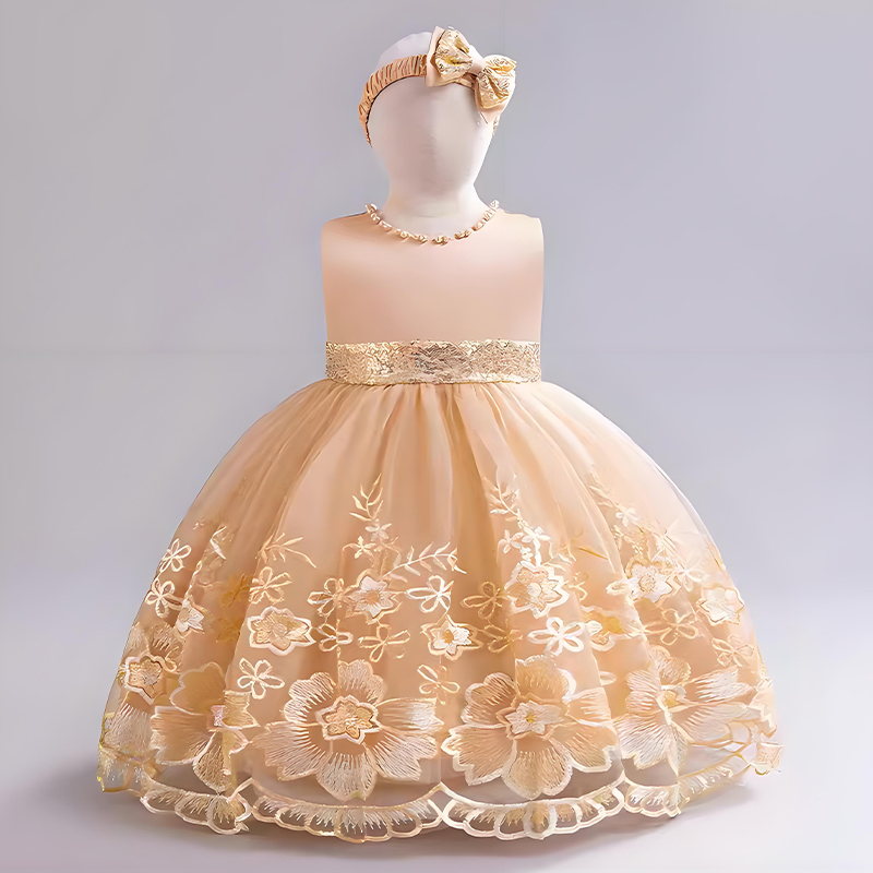 Mesh Satin Bow Lace Sequins Imitation Pearls Sleeveless Midi Dresses - Khaki - 3-4Y - image 2