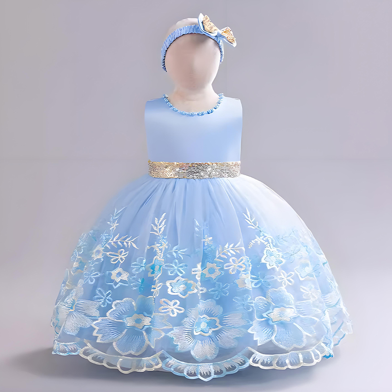 Mesh Satin Bow Lace Sequins Imitation Pearls Sleeveless Midi Dresses - Sky Blue - 3-4Y - image 1