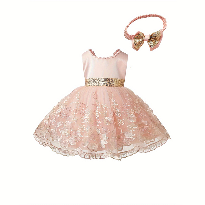 Mesh Satin Bow Lace Sequins Imitation Pearls Sleeveless Midi Dresses - Apricot - 3-4Y - image 8