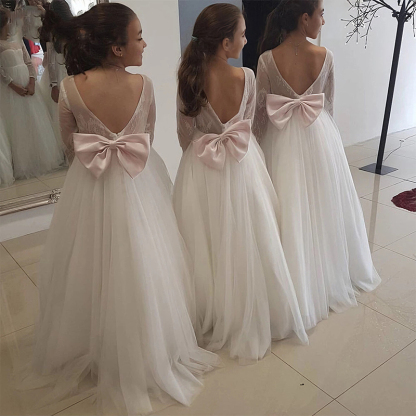 Mesh Lace Bow Lace Long Sleeve Maxi Dresses - image 5