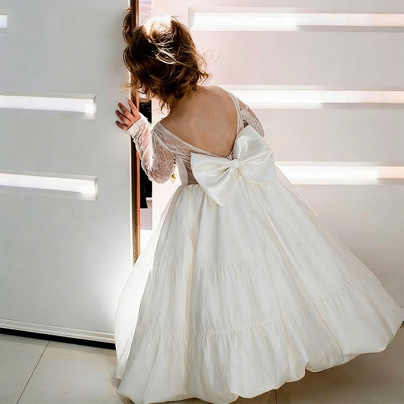 Mesh Lace Bow Lace Long Sleeve Maxi Dresses - image 3