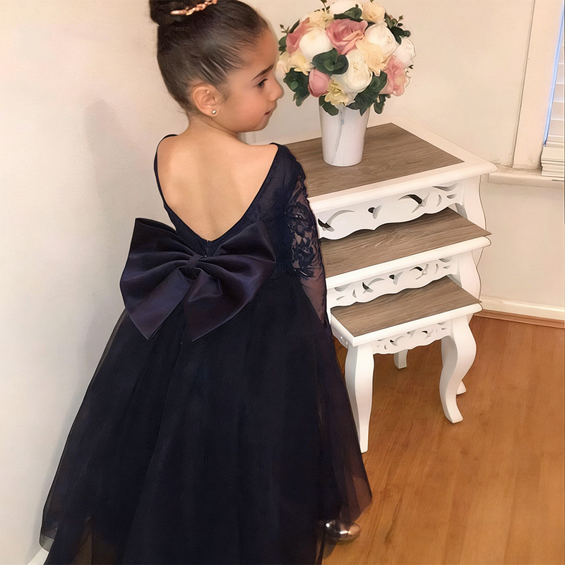 Mesh Lace Bow Lace Long Sleeve Maxi Dresses - Black - 12-13Y - image 7