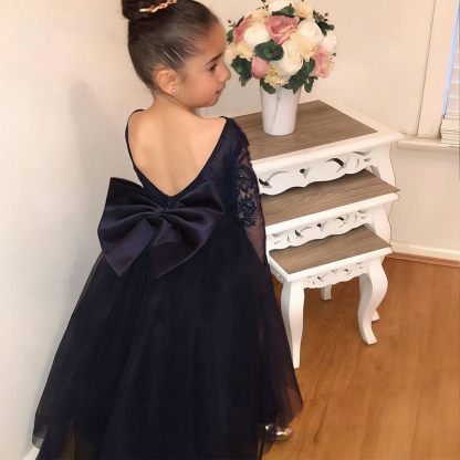 Mesh Lace Bow Lace Long Sleeve Maxi Dresses - Black - 12-13Y - image 7