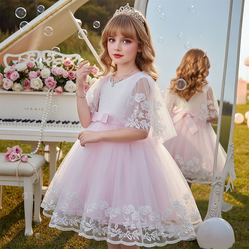 Mesh Lace Bow Lace Half Sleeve Midi Dresses - image 2