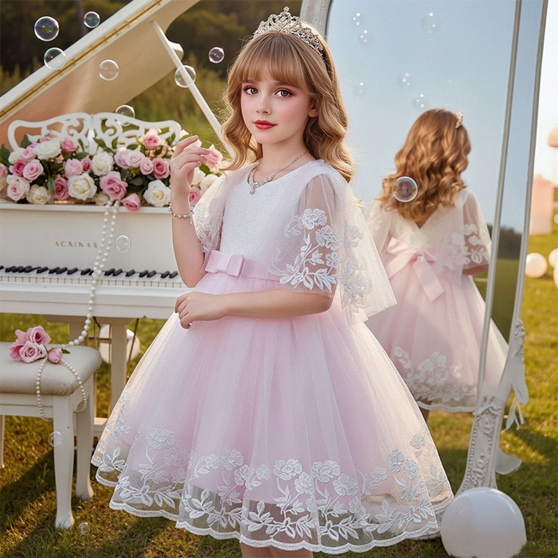 Mesh Lace Bow Lace Half Sleeve Midi Dresses - image 2