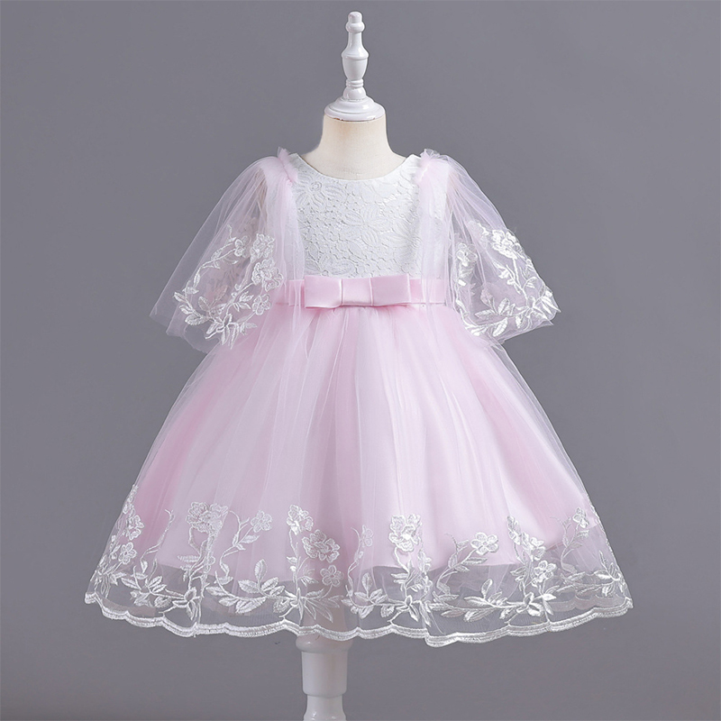 Mesh Lace Bow Lace Half Sleeve Midi Dresses - Pink - 11-12Y - image 1