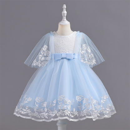 Mesh Lace Bow Lace Half Sleeve Midi Dresses - Blue - 11-12Y - image 5