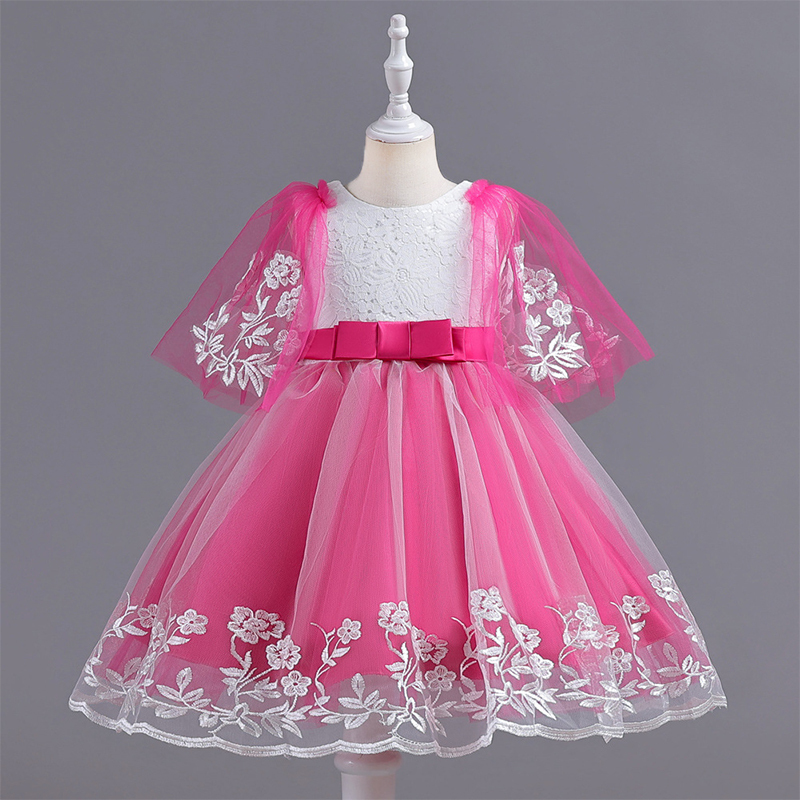 Mesh Lace Bow Lace Half Sleeve Midi Dresses - Rose - 11-12Y - image 9