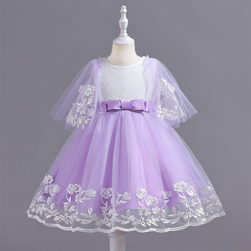 Mesh Lace Bow Lace Half Sleeve Midi Dresses - Purple - 11-12Y - image 18