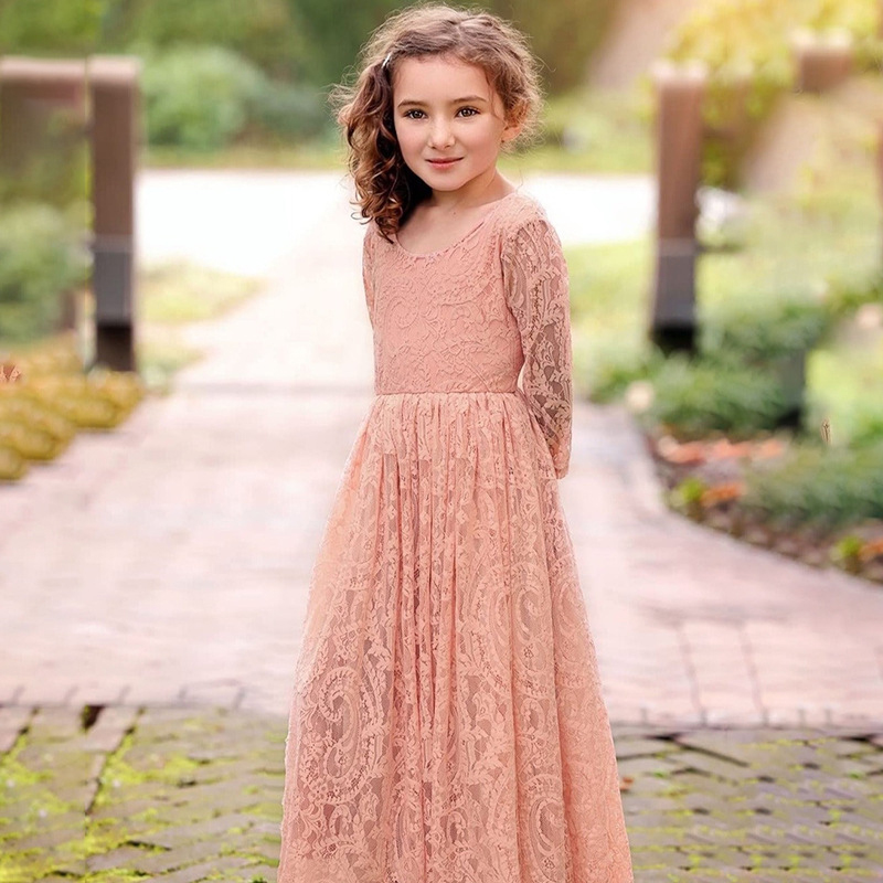 Lace Backless Long Sleeve Maxi Dresses - Pink - 12-13Y - image 7