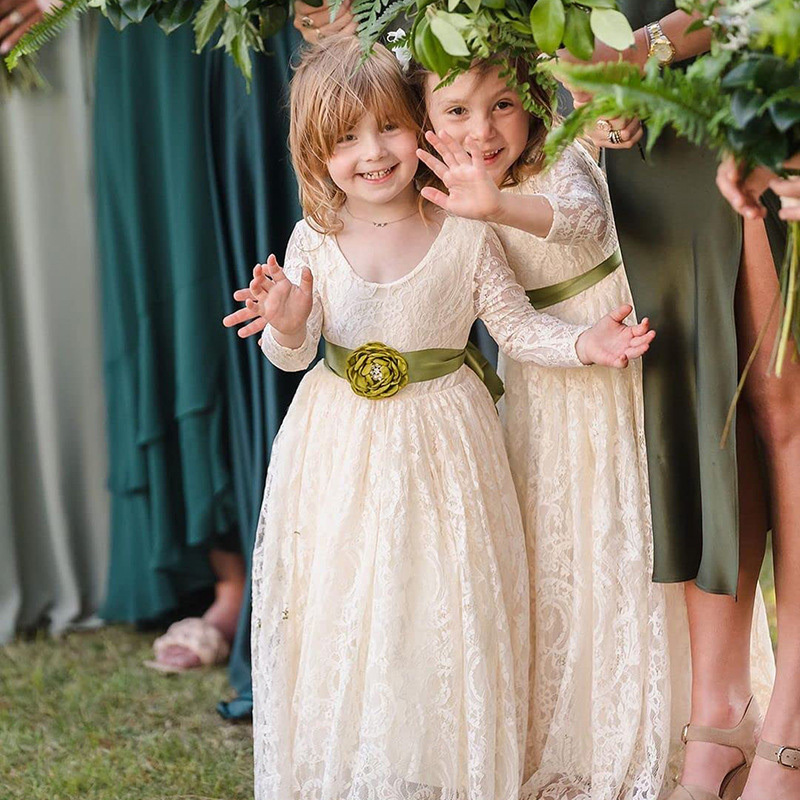 Lace Backless Long Sleeve Maxi Dresses - Apricot - 12-13Y - image 9