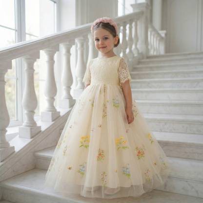 Lace Backless Lace Edge Long Sleeve Maxi Dresses - Champagne - 12Y - image 3