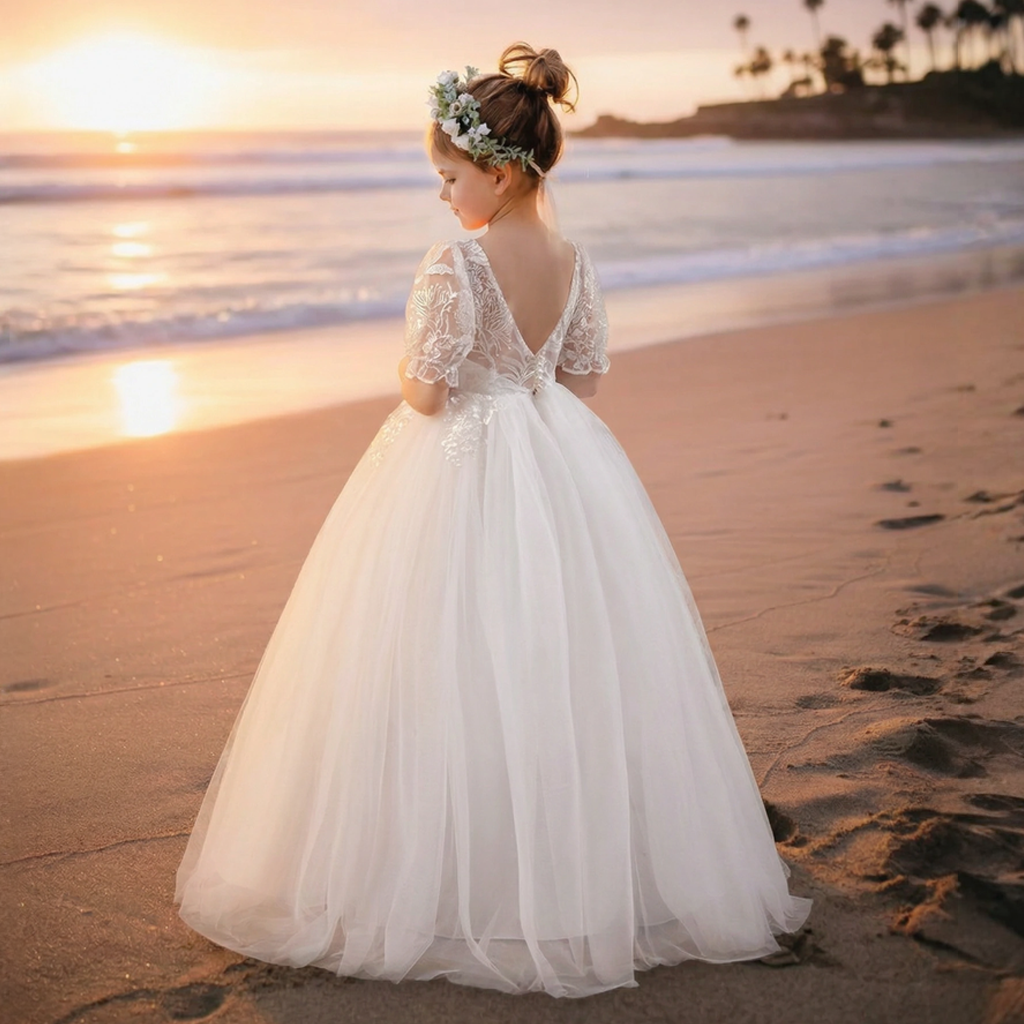 Mesh Backless Long Sleeve Maxi Dresses - White - 14Y - image 1