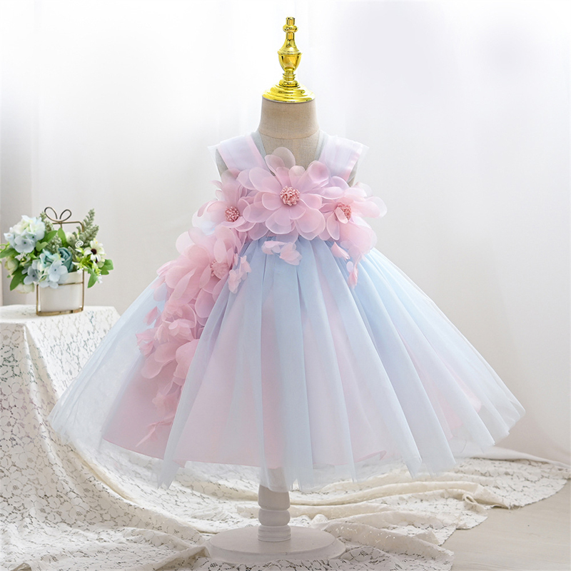 Mesh Rosette Sleeveless Midi Dresses - Blue&Pink - 13-14Y - image 1