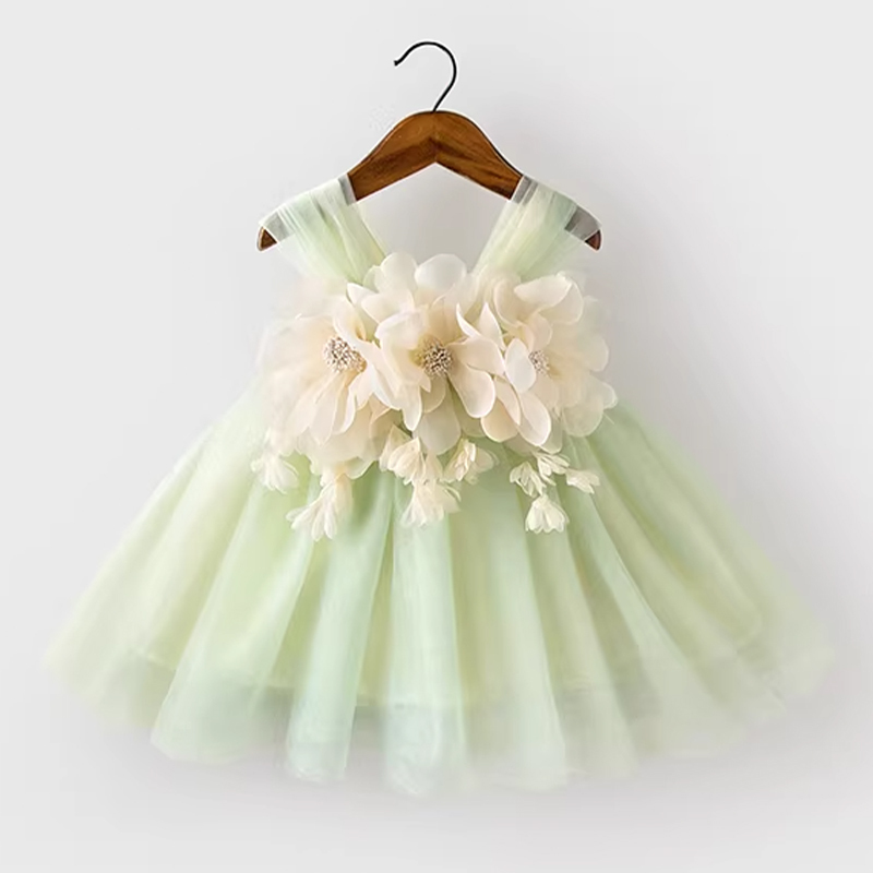 Mesh Rosette Sleeveless Midi Dresses - Green Three-Flower - 13-14Y - image 19