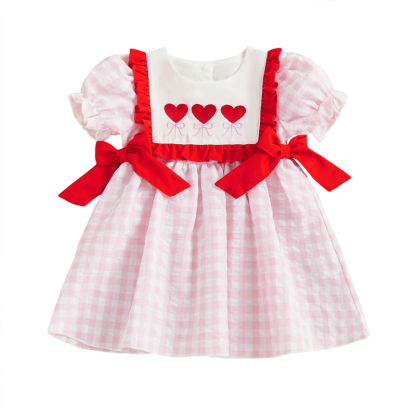 Cotton-blend Bow Embroidery Short Sleeve Midi Dresses - Pink - 4-5Y - image 1