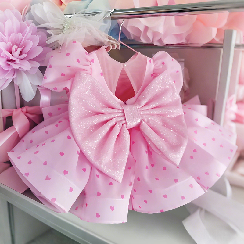 Organza Bow Printing Short Sleeve Midi Dresses - Pink - 5Y - image 1