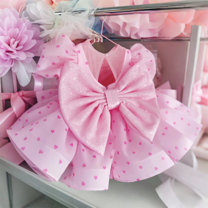 Organza Bow Printing Short Sleeve Midi Dresses - Pink - 5Y - image 1