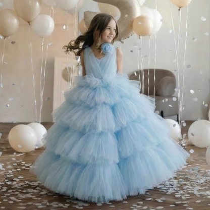 Mesh Tiered Sleeveless Maxi Dresses - Blue - 6Y - image 1