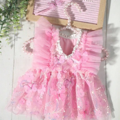 Mesh Glitter Lace Edge Rosette Sequins Cap Sleeve Regular Dresses - image 3