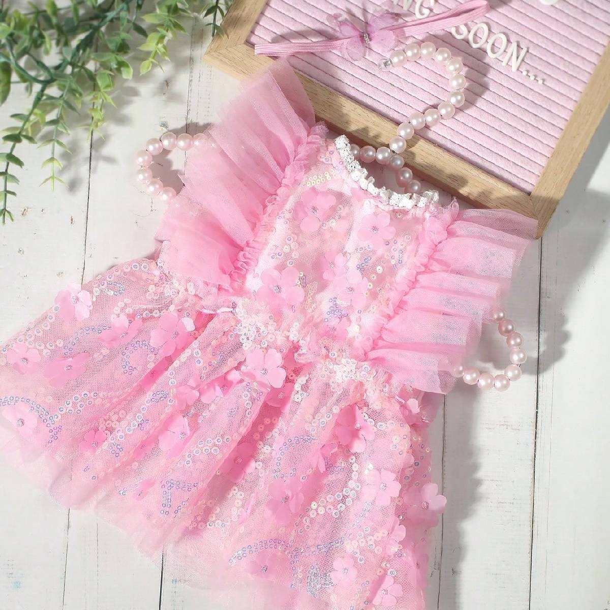 Mesh Glitter Lace Edge Rosette Sequins Cap Sleeve Regular Dresses - image 5