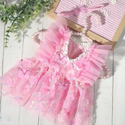 Mesh Glitter Lace Edge Rosette Sequins Cap Sleeve Regular Dresses - Pink - 0-1M - image 1