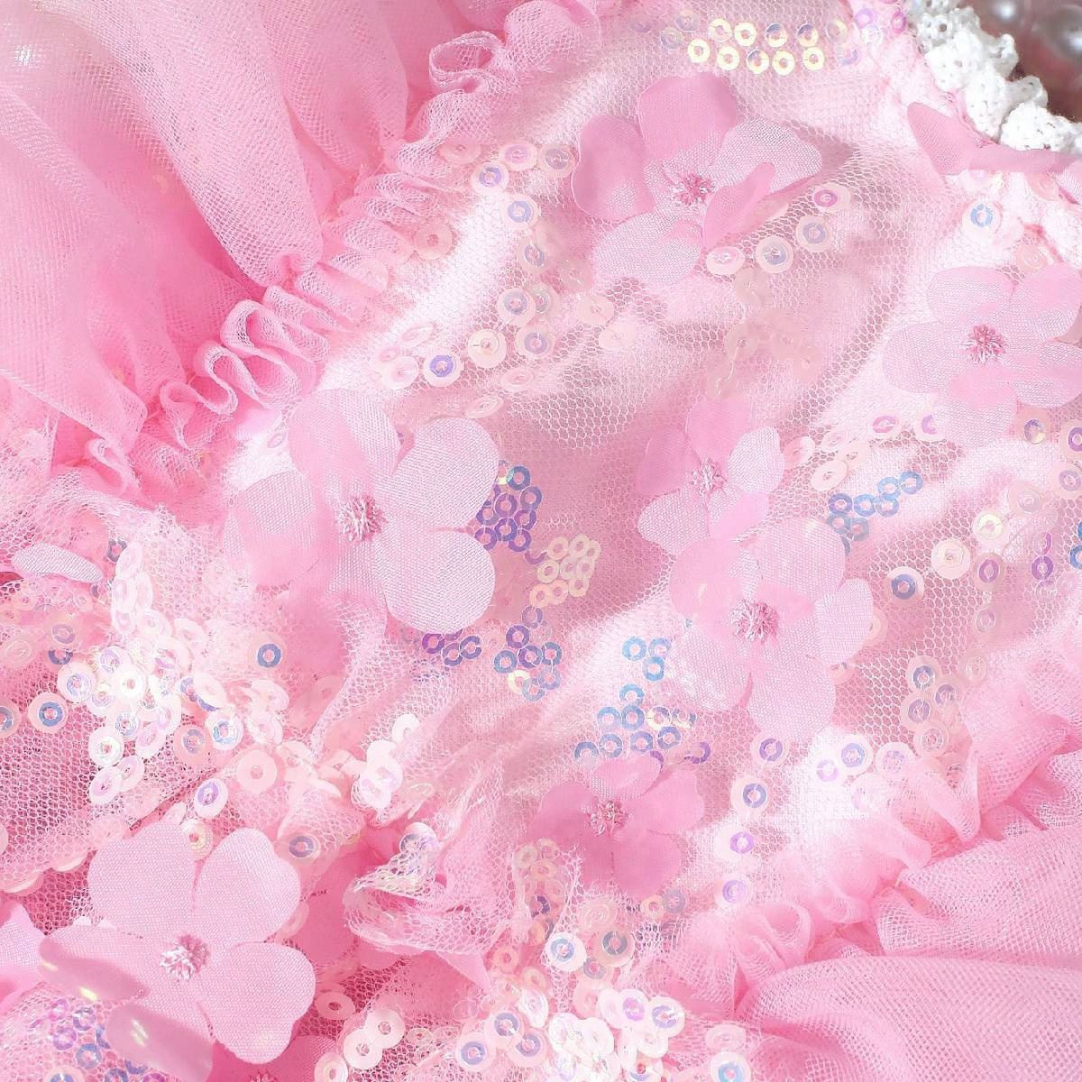 Mesh Glitter Lace Edge Rosette Sequins Cap Sleeve Regular Dresses - image 8