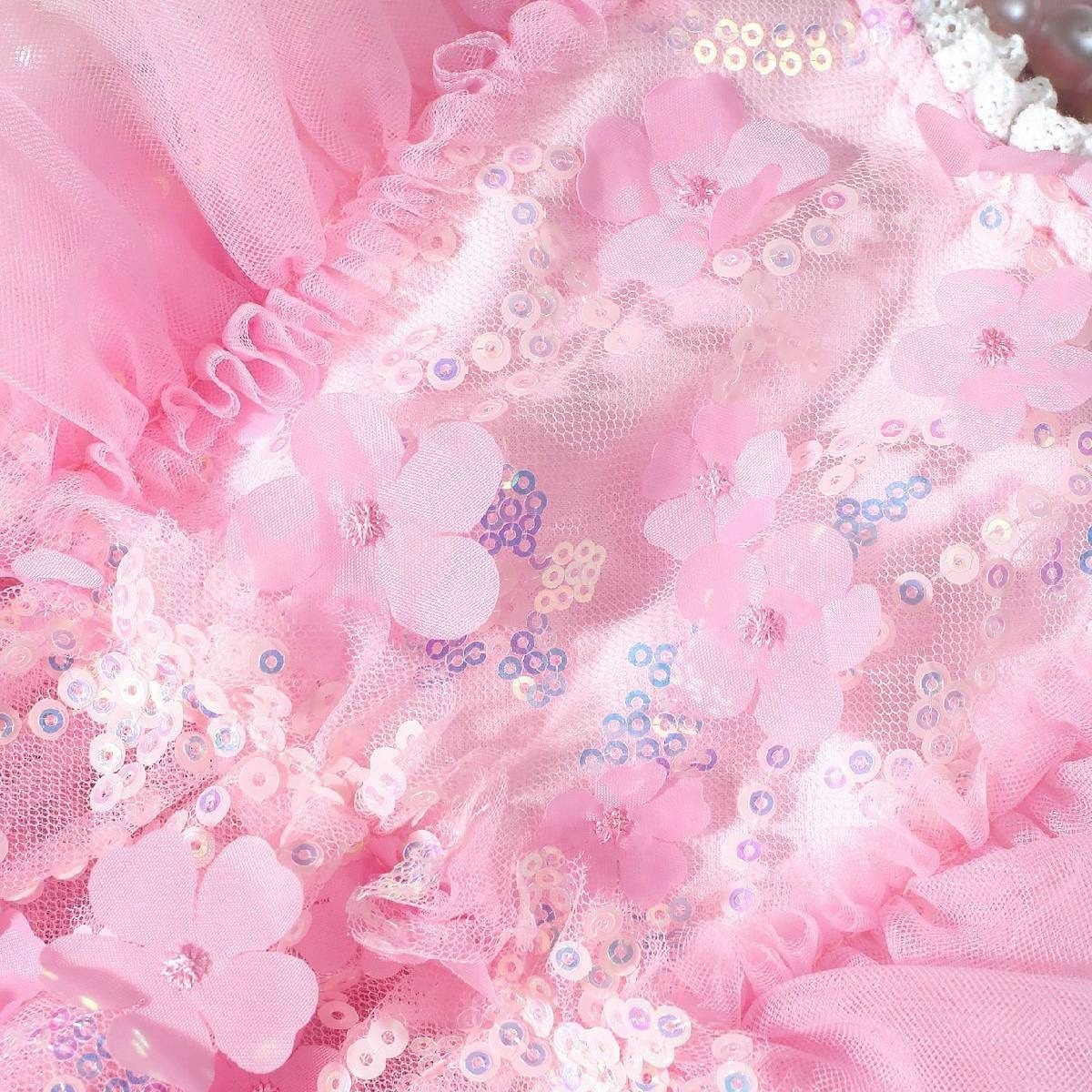 Mesh Glitter Lace Edge Rosette Sequins Cap Sleeve Regular Dresses - image 8